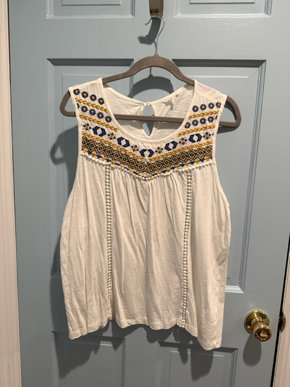 Caslon Cream Tank with Navy & Mustard Embroidery